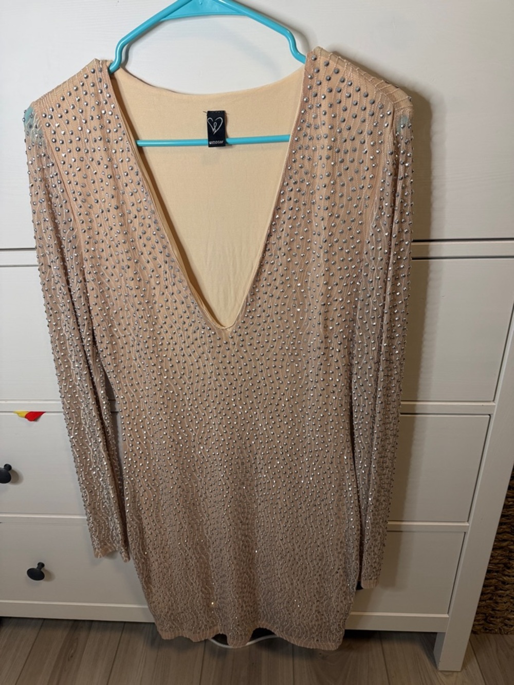 Windsor Nude Beaded Long Sleeve V-Neck Dress